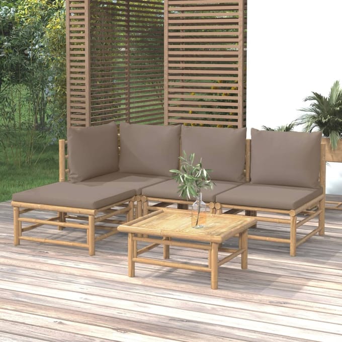 vidaXL - 5-delige - Loungeset - met - kussens - bamboe - taupe