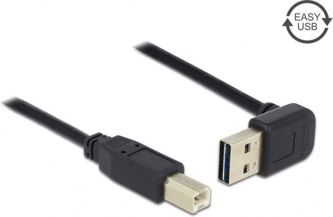 Easy-USB-A haaks (boven/beneden) naar USB-B kabel - USB2.0 - tot 2A / zwart - 1 meter
