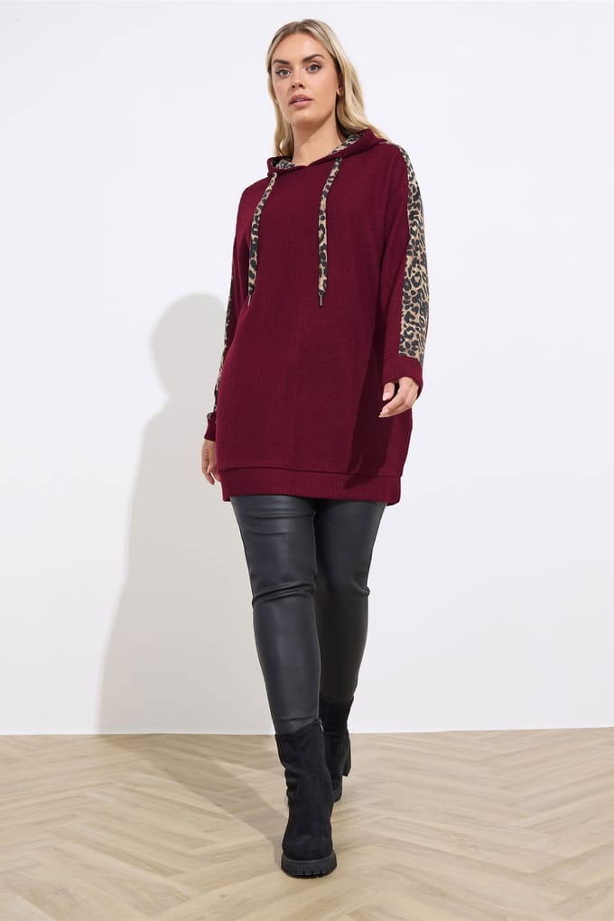 Yours Bordeauxrode Luipaardprint Hoodie Size 54-56