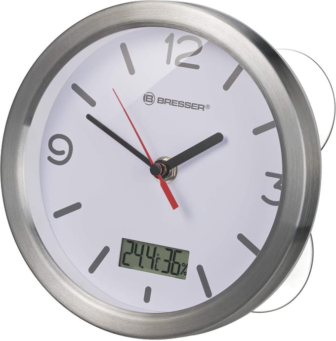 Badkamerklok - Thermo Hygro Klok - Tijd en Klimaat - Spatwaterdicht - 17 cm - Wit