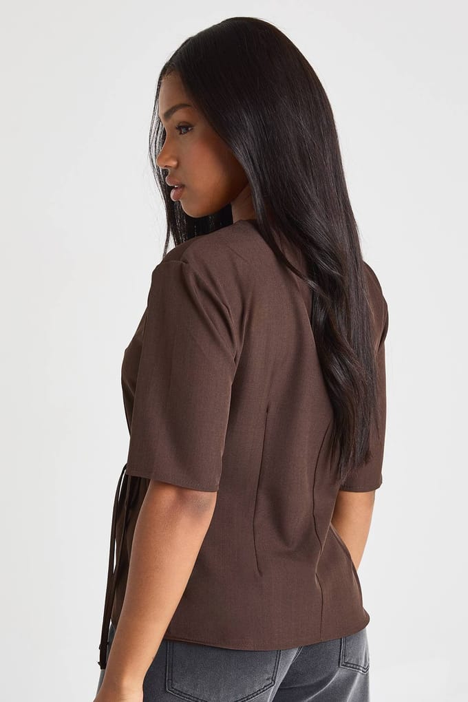 boohoo Dames Geweven Marl Top met strikdetail en gesnoerde taille | Chocoladebruin | Maat: 38