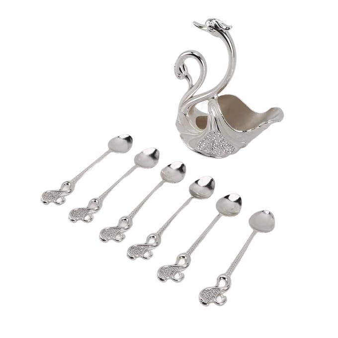 Zwaan Servies Set Metalen Tafelgerei Bestekset Decoratieve Zwaan Basis Houder met 6 Lepels voor zilver witte kleur