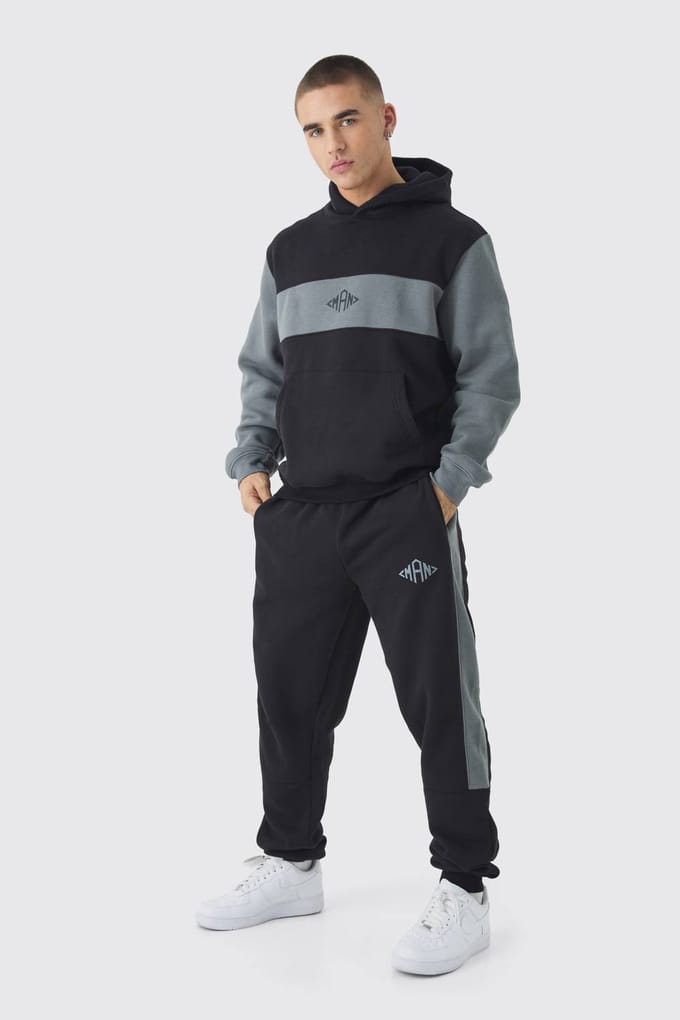 Regular Fit Men's Diamond Colour Block Capuchon Trainingspak | Black | Size Medium