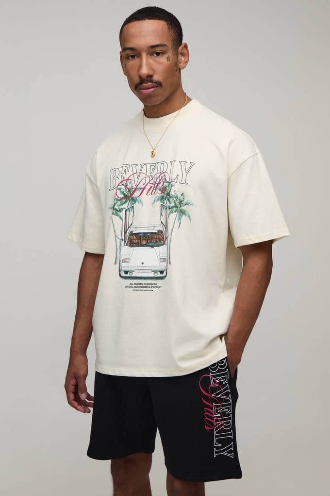 Oversized T-shirt & Short Set Met Verlengde Hals En Beverly Hills Palmbomenprint | Ecru | Size Medium