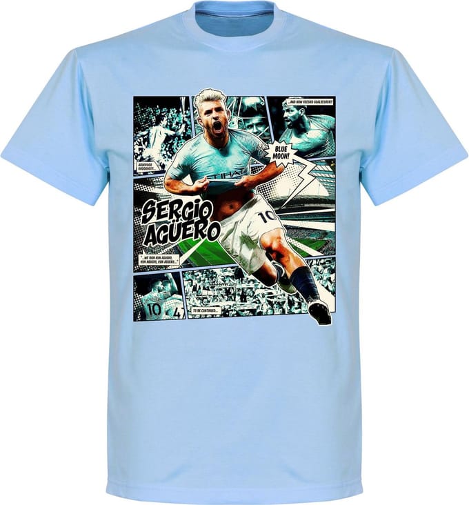 Sergio Aguero Comic T-Shirt - Lichtblauw - XL