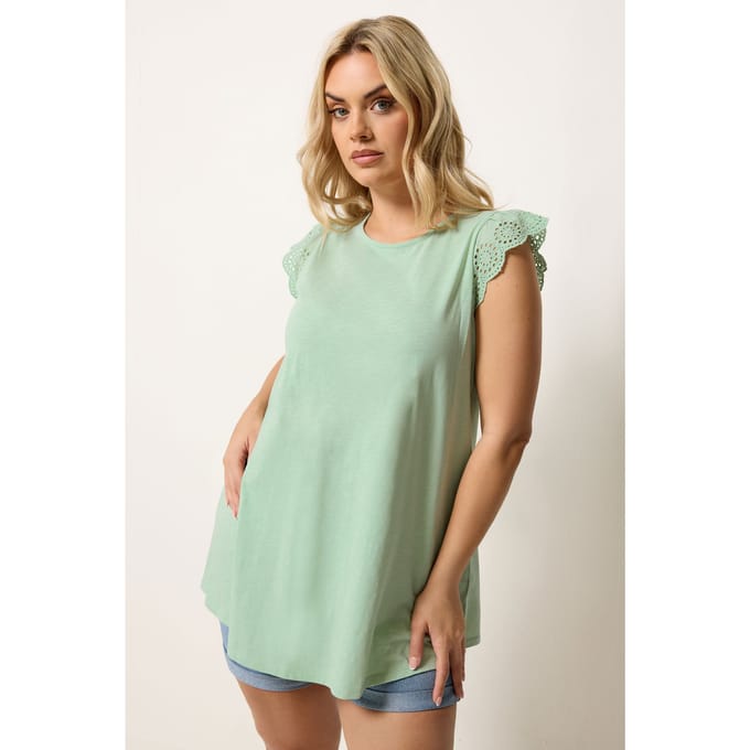 Yours Mintgroene Mouwloze Top Met Broderie Anglaise En Ruches Size 42