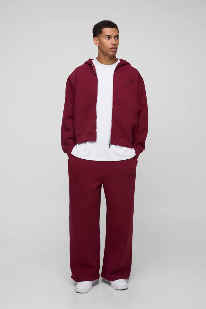 Oversized Boxy Men's Trainingspak met Capuchon, Ritssluiting en Wijde Pijpen | Burgundy | Size Medium