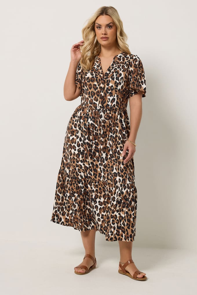 Yours Bruine Jurk Met Luipaardprint En Halve Knoopsluiting Size 42
