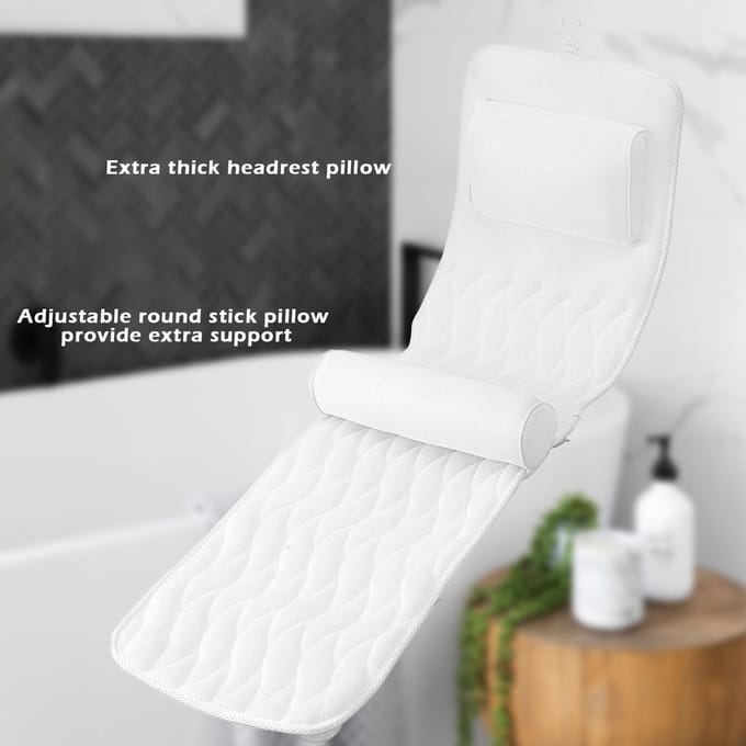 Coussin de bain de luxe pour tout le corps avec 14 ventouses et maille d'air 3D pour s'adapter à n'importe quelle baignoire white