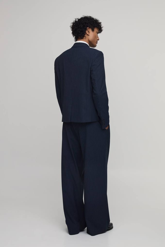 Pinstripe Oversized Boxy Double Breasted Blazer | Navy | Size 44