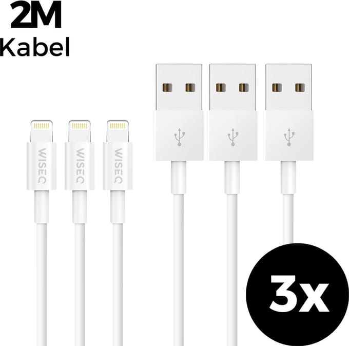Lightning USB kabel 2 meter - 3 stuks USB naar Lightning snellaad kabel - geschikt voor iPhone 14/ 13 / 12 en iPad – wit – WiseQ