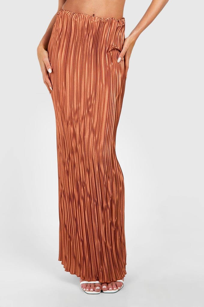 boohoo Dames Premium Satijn Plisse Maxi Rok | Rust | Maat: 8