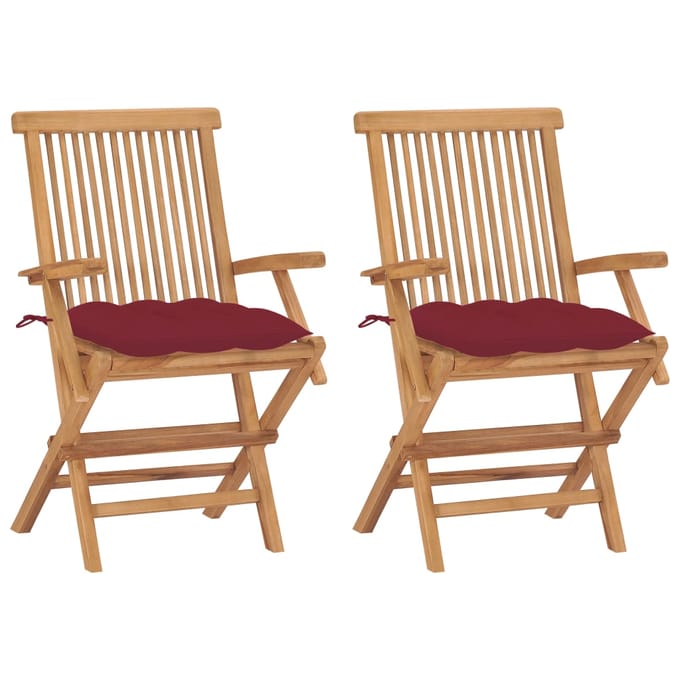 vidaXL - Opklapbare - stoelen - met - wijnrode - kussens, - 2 - stuks, - massief - teakhout
