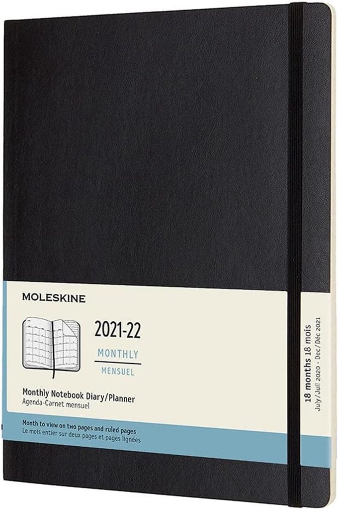 18 maanden kalender/planner - maandplanner met softcover en elastische sluiting, X-Large 19 x 23 cm, zwart