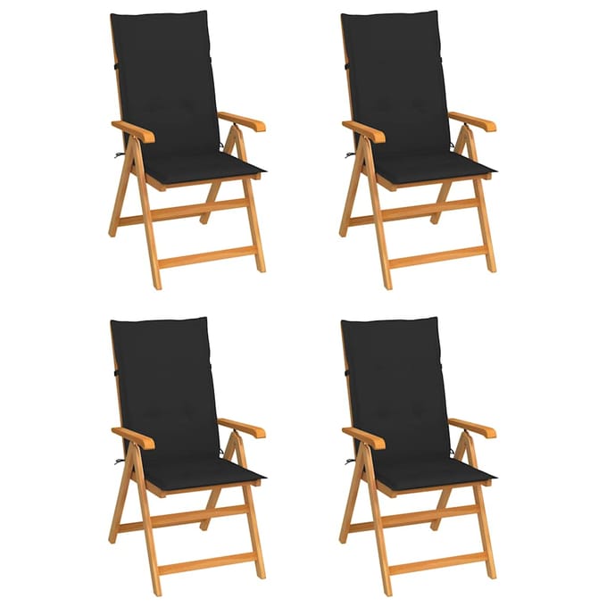 vidaXL - Inklapbare - stoelen - 4 - st - met - zwarte - kussens - massief - teakhout