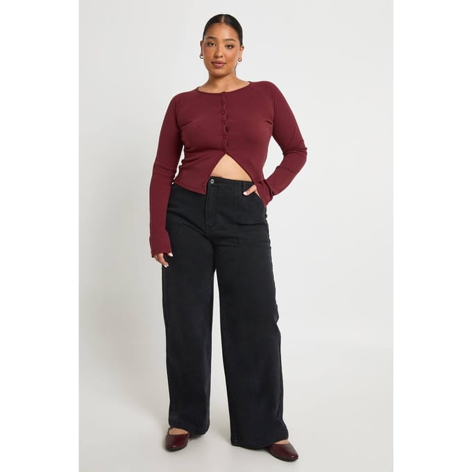 boohoo Dames Plus Elastische Taille met Zak Detail Wijdpijp Jeans | Washed Black | Maat: 28