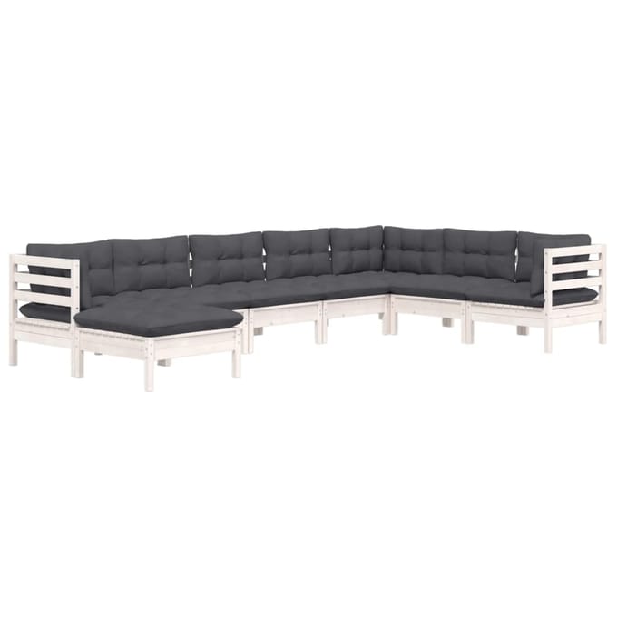vidaXL - 8-delige - Loungeset - met - kussens - massief - grenenhout - wit