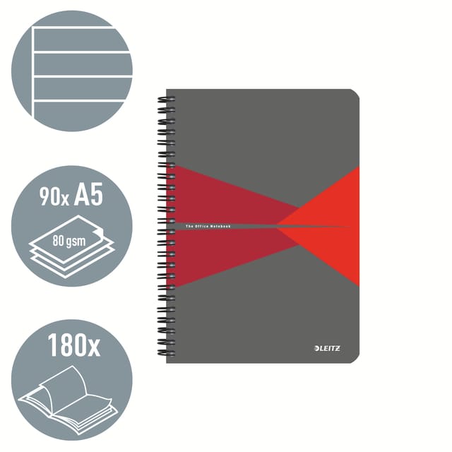 Leitz Office Notitieboek A5 Gelijnd - met PP Omslag - 80 Grams Papier - Rood