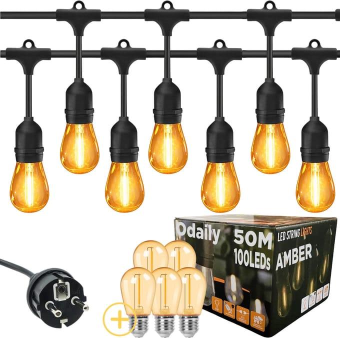 Odaily Lichtsnoer Amber - 50 Meter - 100 LED Lampen - Extra Warm Wit Licht - Professionele Kwaliteit