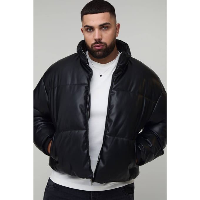Plus Boxy Curved Hem PU Puffer Jacket | Black | Size 3XL