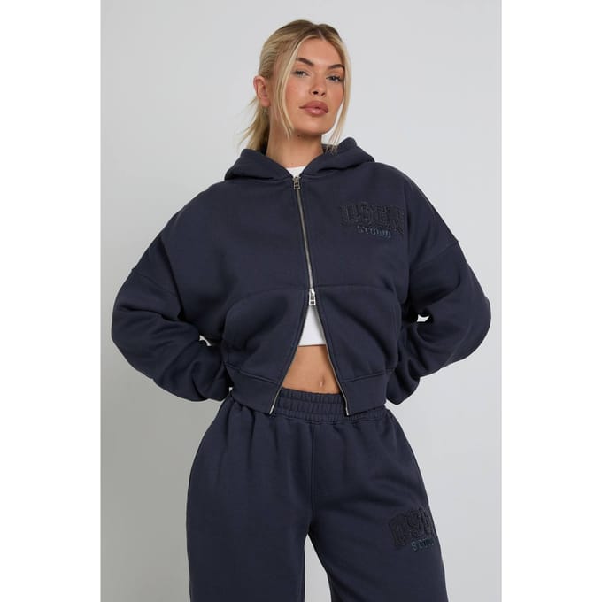 Dames Dsgn Studio Badstof Applicatie Hoodie Met Rits | Midnight Blue | Maat: Medium
