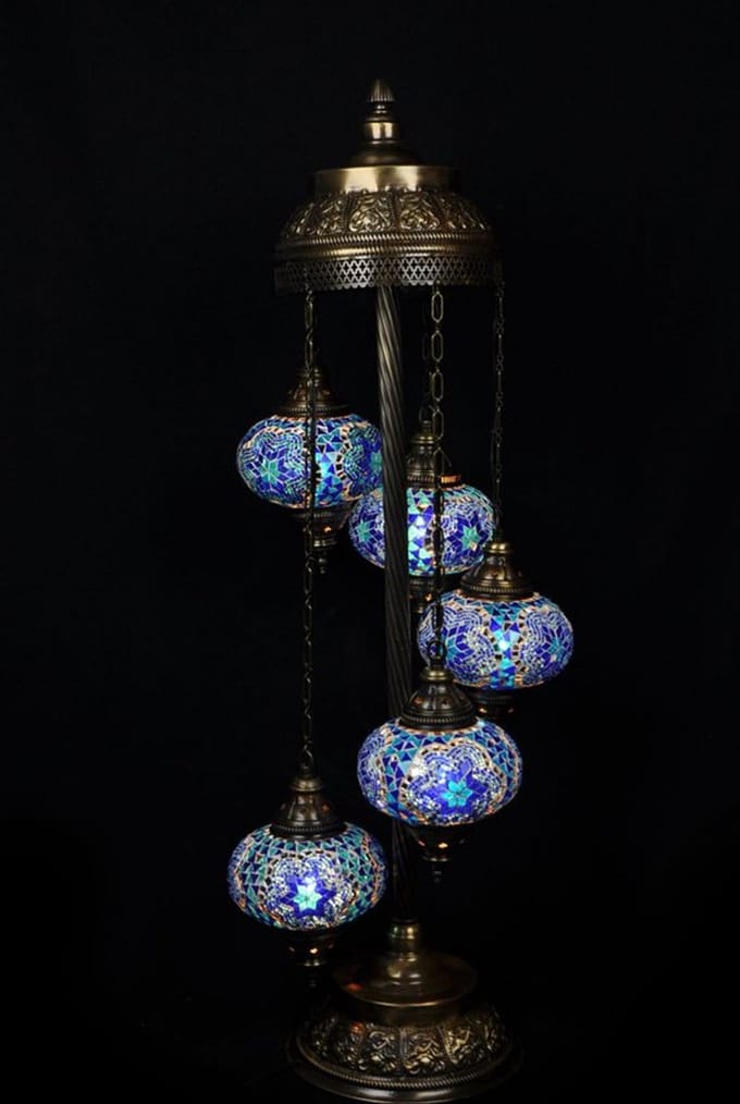 Turkse lamp - staande lamp - blauw - 5 bollen - handgemaakt mozaïek glas
