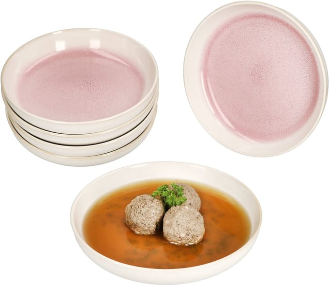 Set van 6 REACTIVE GLAZE PARIS crème & roze steengoed soepborden