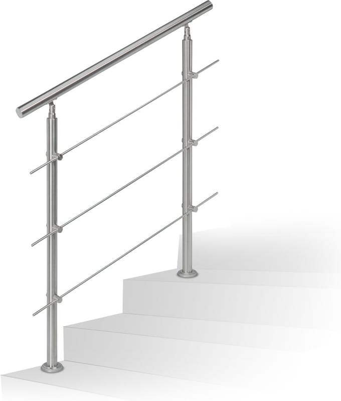 trapleuning - 1,0 m - rvs - 2 palen - 3 dwarsbalken - binnen - buiten - modern - zilver