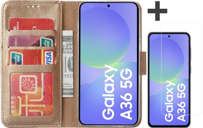 Hoesje met Screenprotector Geschikt voor Samsung Galaxy A36 – Arara bookcase met pasjeshouder - Goud