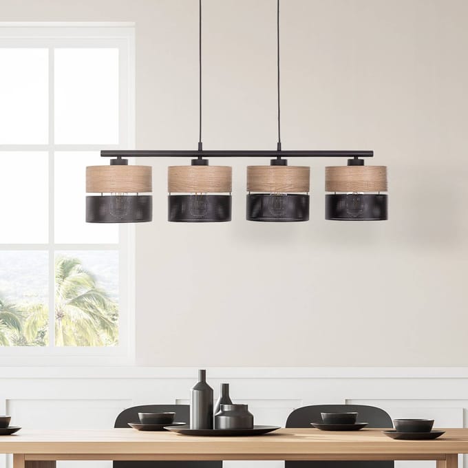 TK Lighting Nicol hanglamp, zwart/hout-effect, 94x20 cm 4-lamps 4 x E27