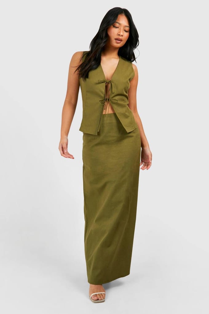 boohoo Dames Petite Linnen Blend Maxi Rok | Khaki | Maat: 8