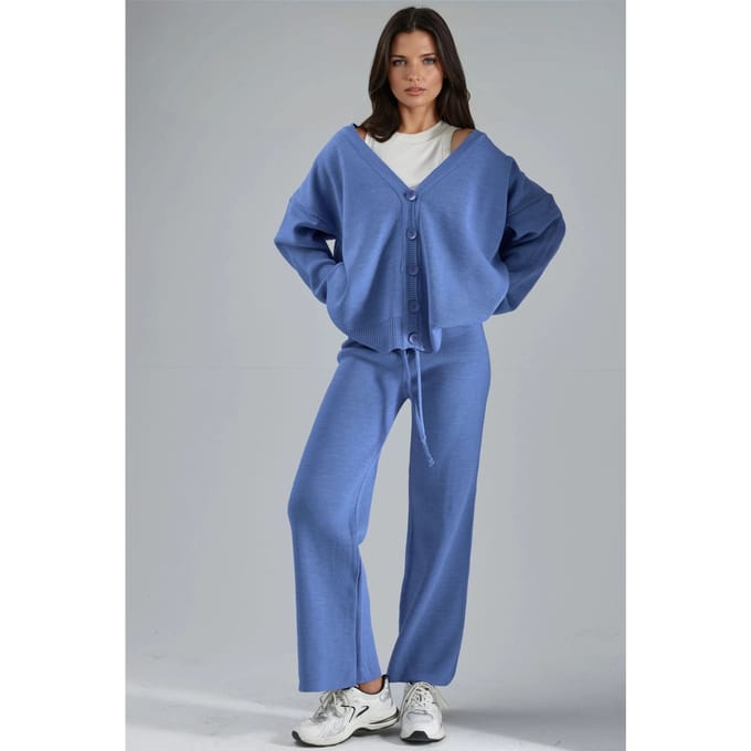 V-hals Cardigan en Wijde Pantalon Gebreide Set