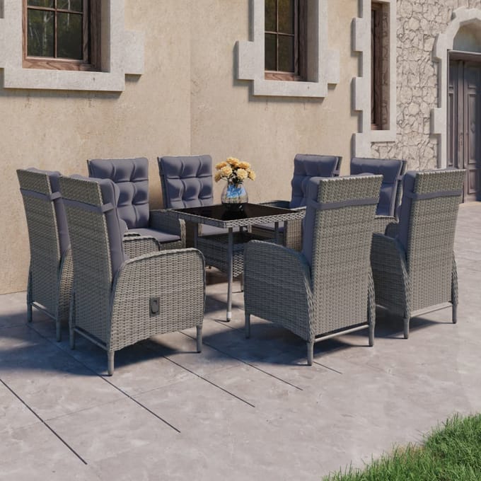vidaXL - 9-delige - Tuinset - poly - rattan - en - glas - grijs