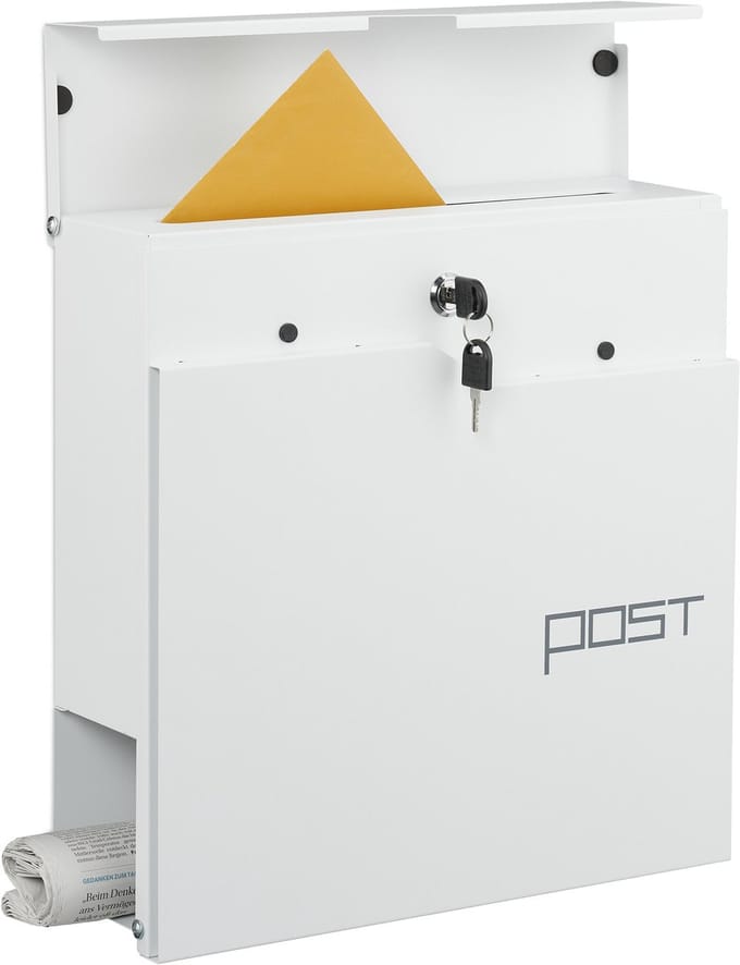 brievenbus met slot - 38 x 37 x 12 cm - krantenvak - metaal - wit