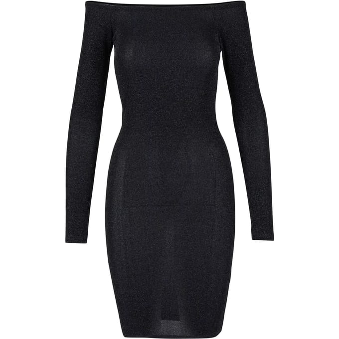 Urban Classics - Off Shoulder Longsleeve Glitter Bodycon jurk - S - Zwart