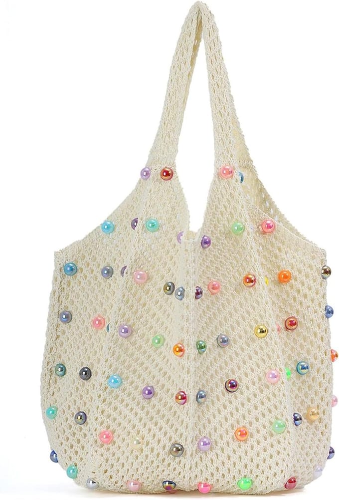 Gehaakte Strandtas - Zomer Schoudertas - Strandbezoek - Gekleurde Parels - 47 cm - Multicolor