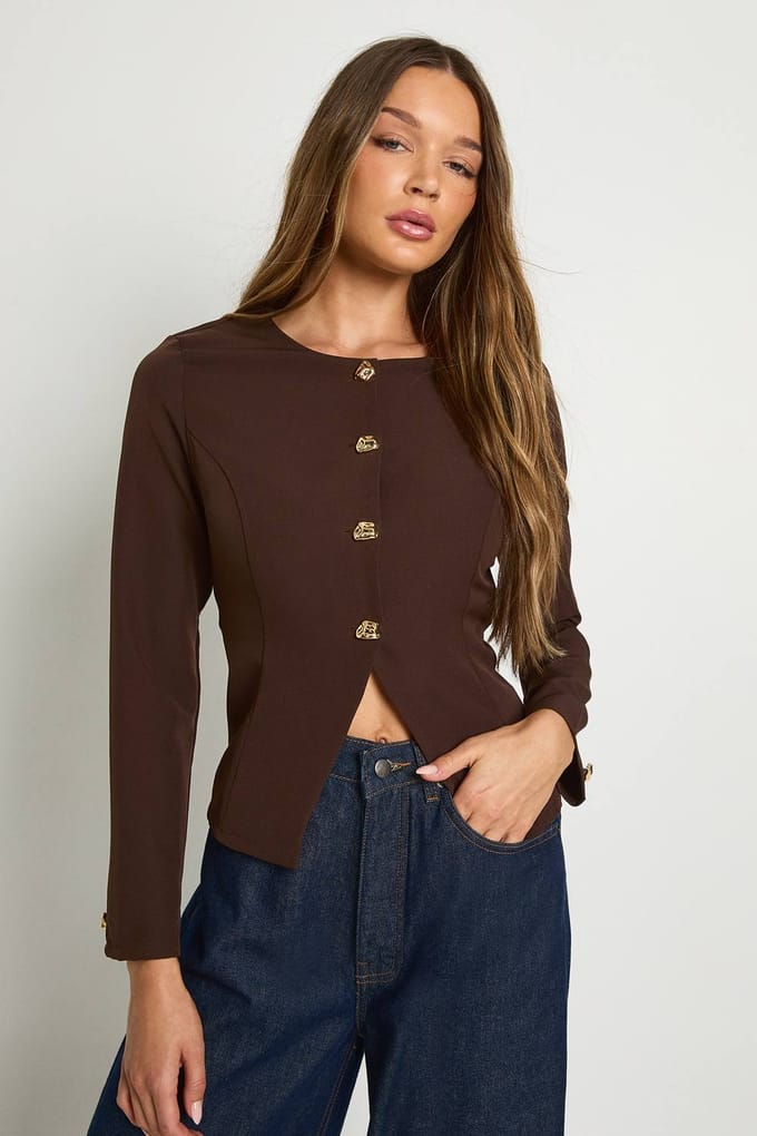 boohoo Dames Blazer zonder kraag met gouden afwerking | Chocoladebruin | Maat: 44