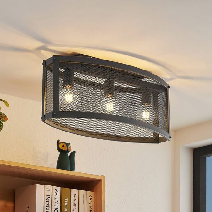 Lindby - plafondlamp - 3lichts - Staal - H: 28.3 cm - E27 - zwart