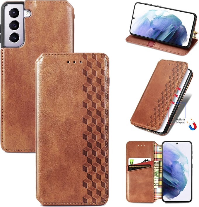 Luxe PU Lederen Ruitpatroon Wallet Case + PMMA Screenprotector voor Galaxy S21+ 5G _ Bruin