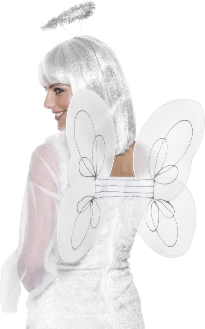 Smiffys - Angel Glitter Vleugels - Wit/Zilverkleurig