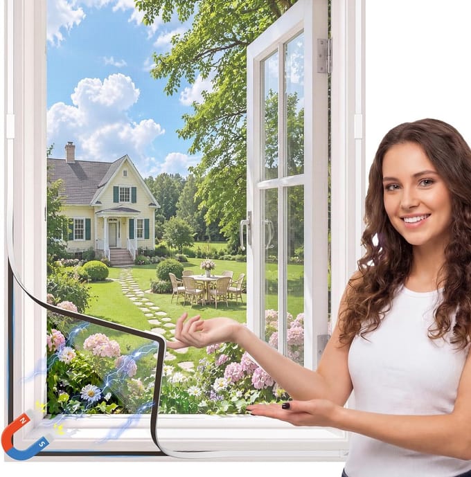 Magnetic Window Screen, 39"x59" DIY Adjustable Window Screen Replacement, Fiberglass Mesh with Strong Magnetic Strip for Mosquito Protection, White Frame with White Mesh