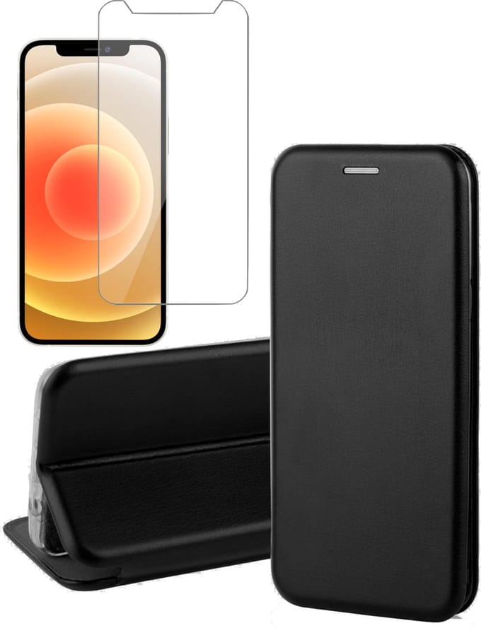 Hoesje geschikt voor iPhone 12 Mini - Screen Protector GlassGuard - Book Case Kunstleer ThinShield Zwart & Screenprotector