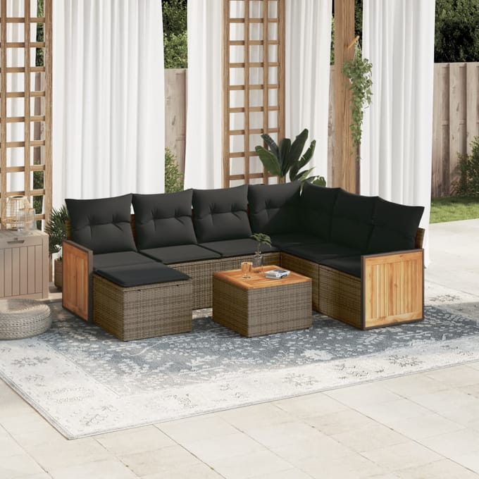 vidaXL - 8-delige - Loungeset - met - kussens - poly - rattan - grijs