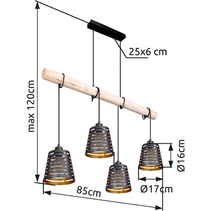 Globo Hanglamp Ablona, lengte 85 cm, zwart/goudkleurig, metaal