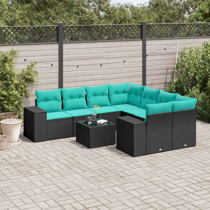 vidaXL - 9-delige - tuinbankset - met - kussens - van - zwart - polyrotan