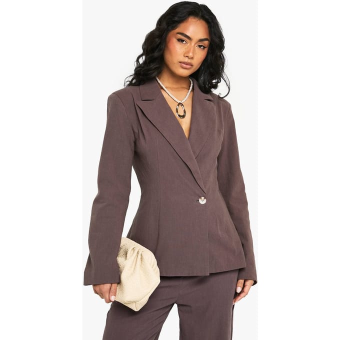 boohoo Dames Linnen Getailleerde Wikkelblazer | Chocoladebruin | Maat: 34
