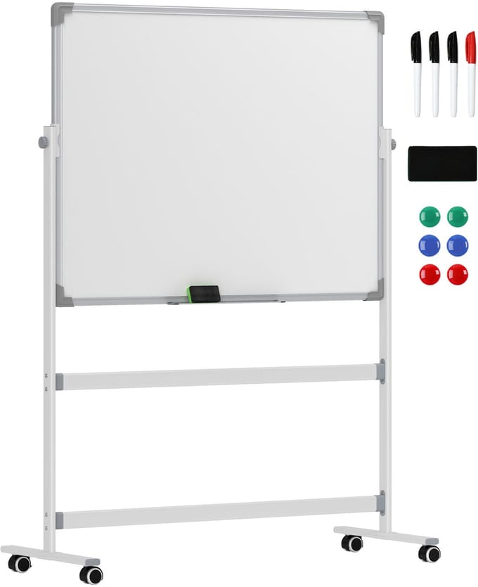 HOMCOM whiteboard dubbelzijdig magnetisch en verrijdbaar - Magneetbord - Verrijdbaar bord - Wit