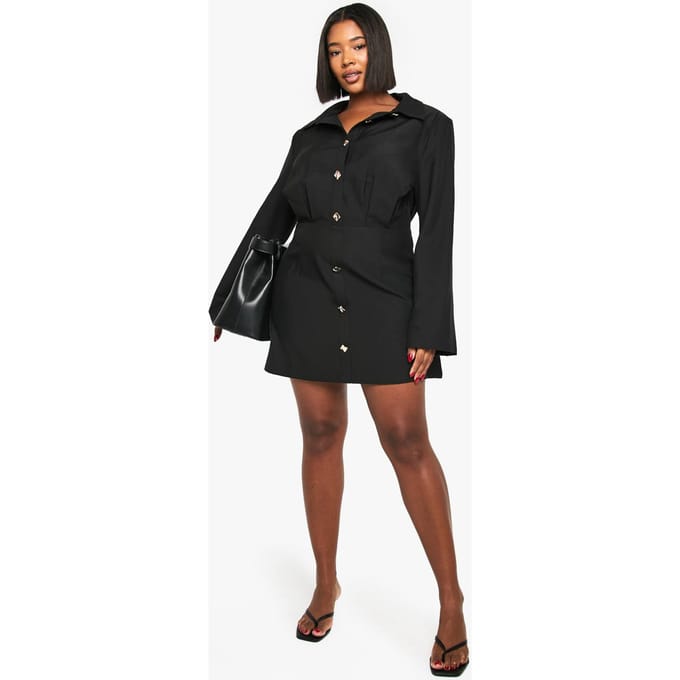 boohoo Dames Plus Gold Button Shift Shirtjurk | Black | Maat: 26