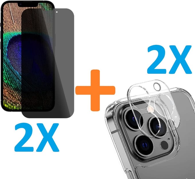 2X Privacy Scherm Tempered Glass Screen Protector Anti-Spy + 2X Camera lens Beschermer Transparant Geschikt voor: Apple iPhone 14 Pro Max