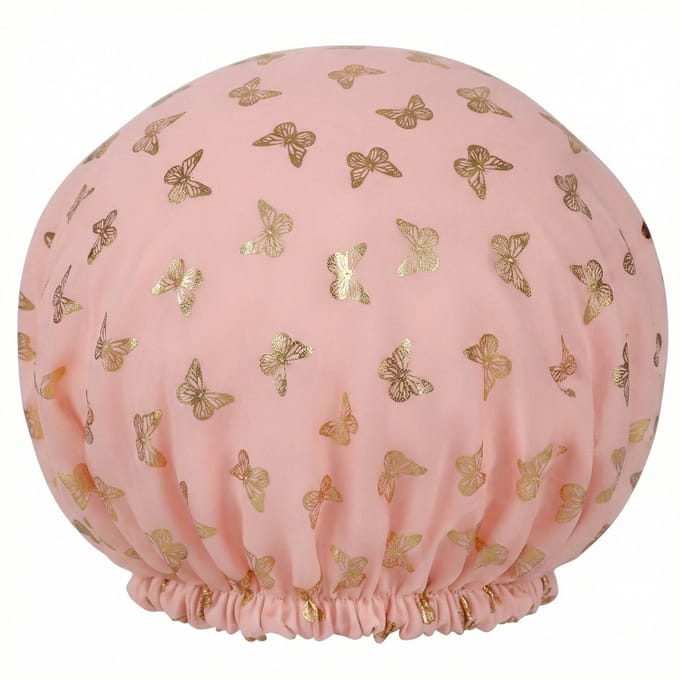 Roze goudkleurig vlinder douchecap douchemuts dames waterdichte badmuts elastische herbruikbare shower cap 27 cm